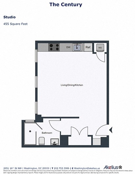 Floor plan for studio, 1 bath, 424 sqft